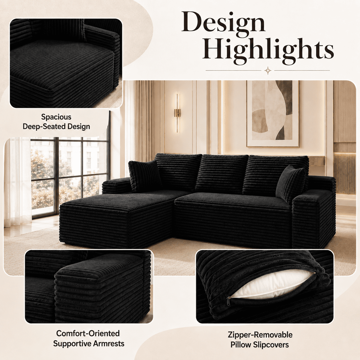104" Corduroy Modular Sectional Sofa, L-Shaped Deep Seat Couch with Chaise, Pocket Spring Support, No Assembly Required, Black