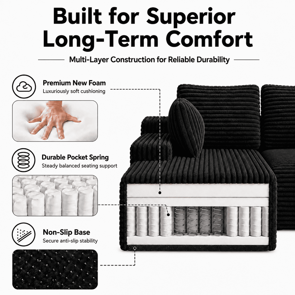 104" Corduroy Modular Sectional Sofa, L-Shaped Deep Seat Couch with Chaise, Pocket Spring Support, No Assembly Required, Black