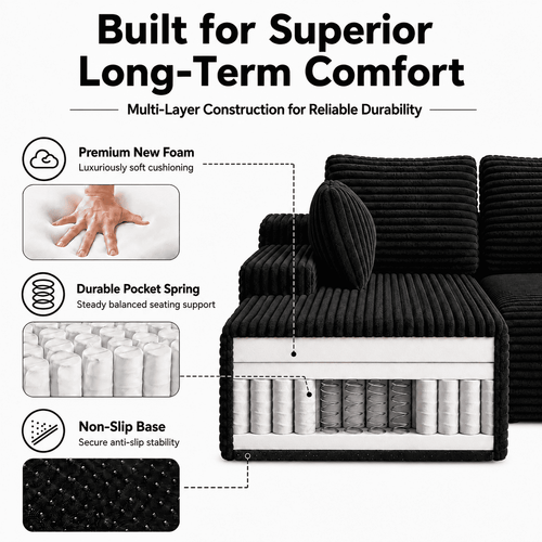 104" Corduroy Modular Sectional Sofa, L-Shaped Deep Seat Couch with Chaise, Pocket Spring Support, No Assembly Required, Black