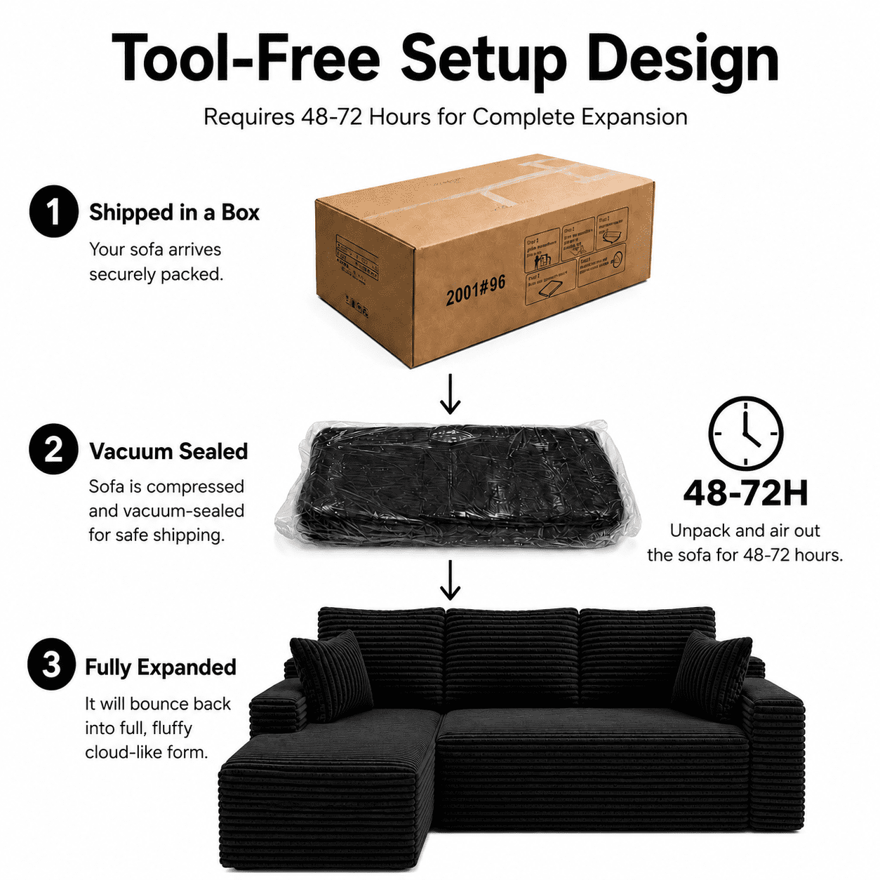 104" Corduroy Modular Sectional Sofa, L-Shaped Deep Seat Couch with Chaise, Pocket Spring Support, No Assembly Required, Black