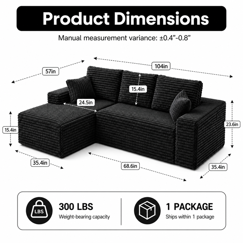 104" Corduroy Modular Sectional Sofa, L-Shaped Deep Seat Couch with Chaise, Pocket Spring Support, No Assembly Required, Black