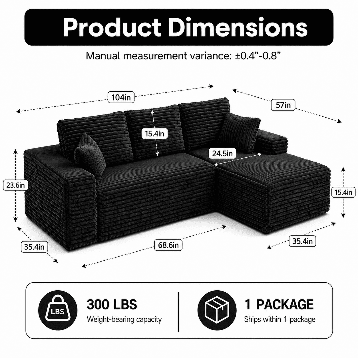 104" Corduroy Modular Sectional Sofa, L-Shaped Deep Seat Couch with Chaise, Pocket Spring Support, No Assembly Required, Black