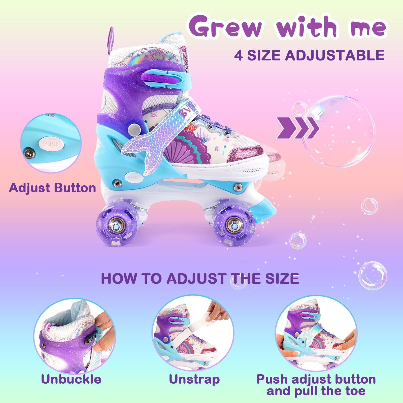BVIVOK Adjustable Kids Roller Skates for Girls with Light up Wheels, Purple, Size 10C-13C