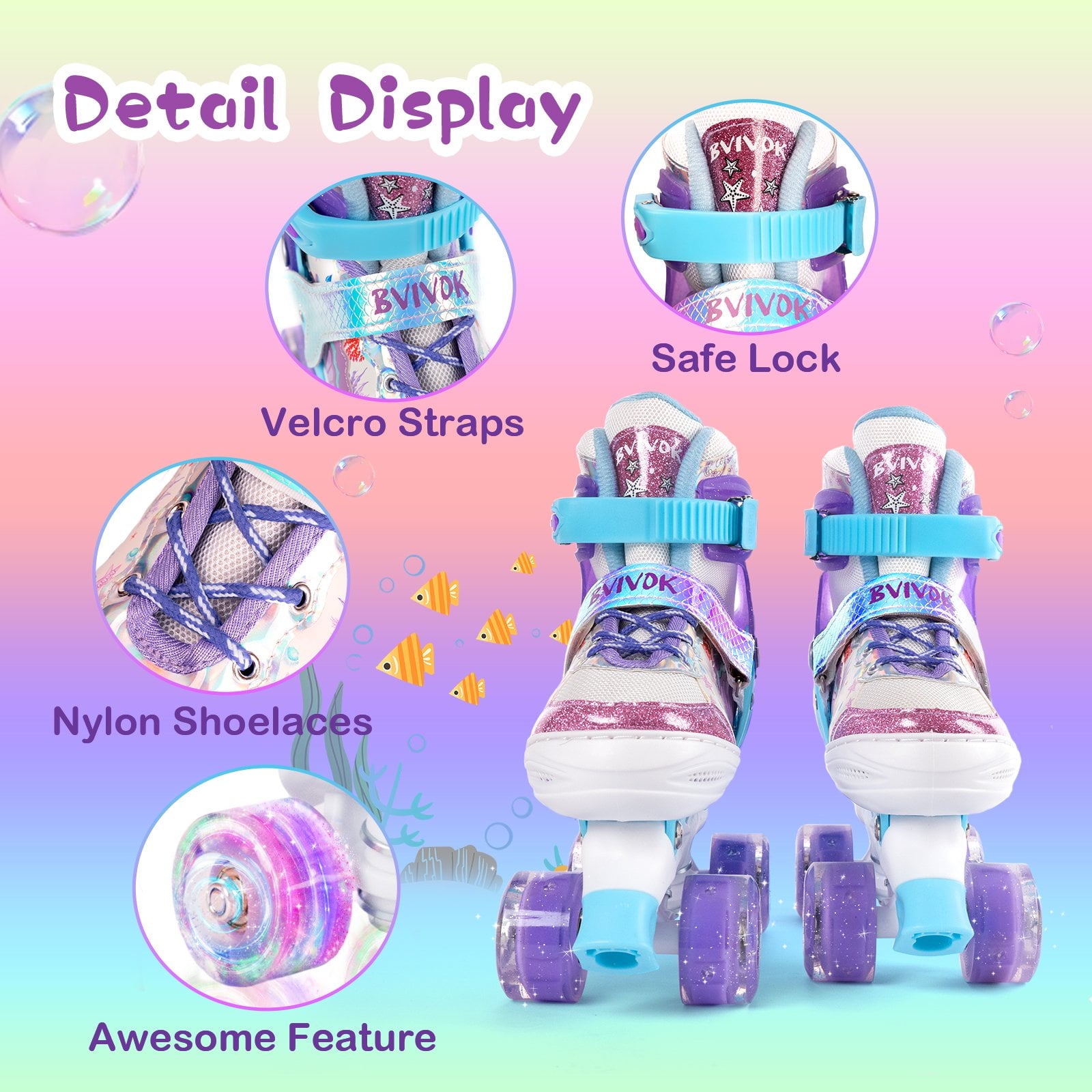 BVIVOK Adjustable Kids Roller Skates for Girls with Light up Wheels, Purple, Size 10C-13C