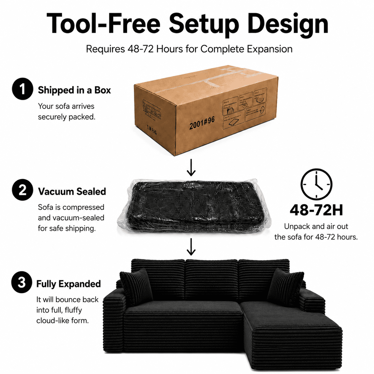104" Corduroy Modular Sectional Sofa, L-Shaped Deep Seat Couch with Chaise, Pocket Spring Support, No Assembly Required, Black
